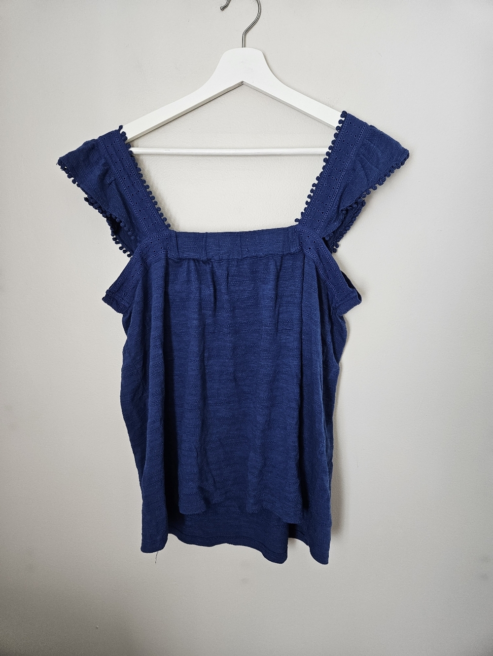 Style & Co Women’s Blue Square-Neck Eyelet Flutter Strap Tank Top Pom-Pom Trim - Picture 4 of 9